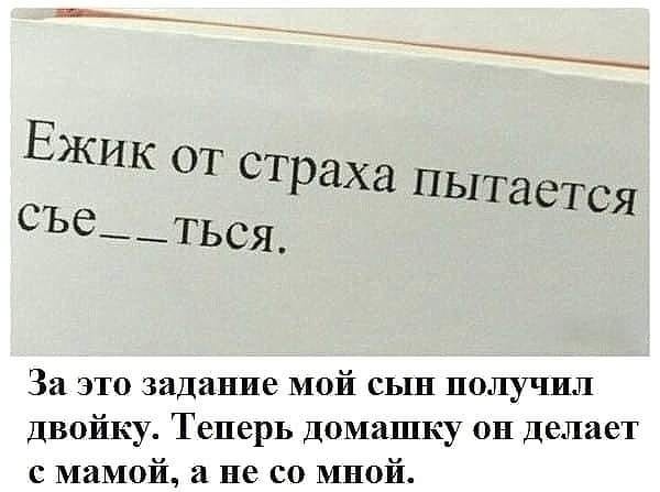 Ежик от страха пыт дется СЪе е___ться За это задание мой сын получил двойку Теперь домашку он делает с мамой и не со мной