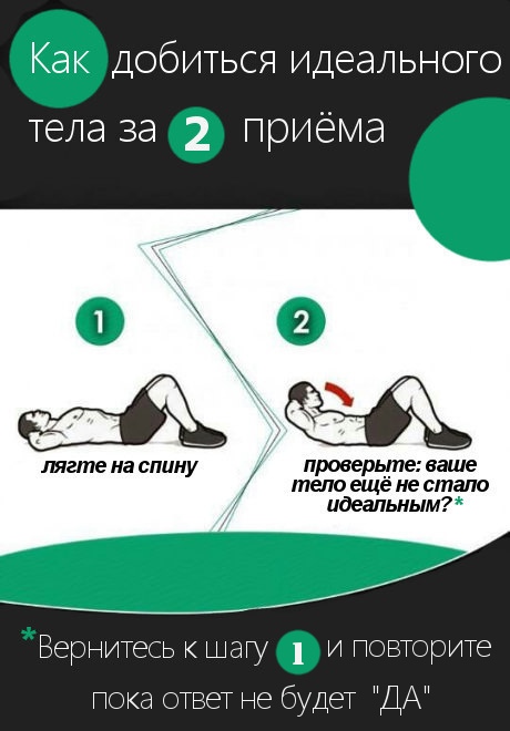 Как добиться идеального тела за 2 приёма лягте на спину проверьте ваше тело еще не стало идеальным Вернитесь К шагу 1 И повторите пока ответ не будет ДА