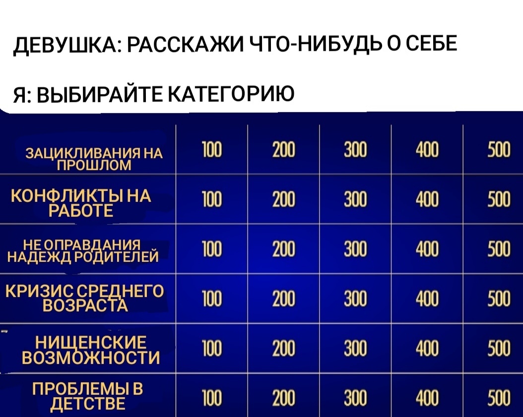 ДЕВУШКА РАССКАЖИ ЧТО НИБУДЬ 0 СЕБЕ Я ВЫБИРАЙТЕ КАТЕГОРИЮ 100 200 300 400 БГГ 100 200 300 100 5 100 200 300 400 50 100 200 300 400 ВГС 100 200 300 400 5 5 100 700 300 403 ЗП