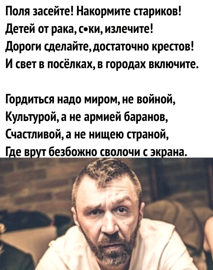 Поля засейте Накормите стариков Детей от рака ски излечите Дороги сделайтедостаточно крестов И свет в посёлках в городах включите Гордиться надо миром не войной Культуройа не армией баранов Счастливойа не нищею страной