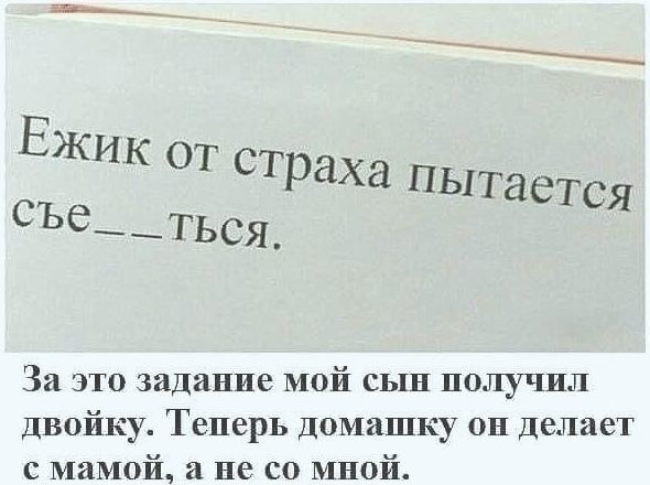 Ежик от СТраха ПЫТ дется СЪе е___ться За это задание мой сын получил двойку Теперь домашку он делает с мамой и не со мной