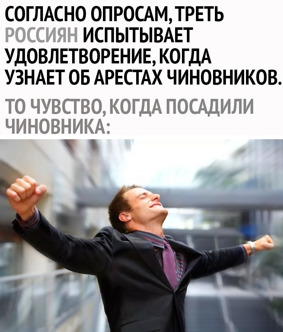 СОГЛАСНО ОПРОСАМ ТРЕТЬ ИСПЫТЫВАЕТ УДОВЛЕТВОРЕНИЕ КОГДА УЗНАЕТ ОБ АРЕСТАХ ЧИНОВНИКОВ ТО ЧУВСТВО КОГДА ПОСАДИЛИ ЧИНОВНИКА