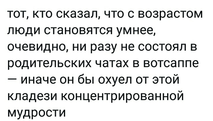 тот кто сказал что с возрастом люди становятся умнее очевидно ни разу не состоял в родительских чатах в вотсаппе иначе он бы охуел от этой кладези концентрированной мудрости