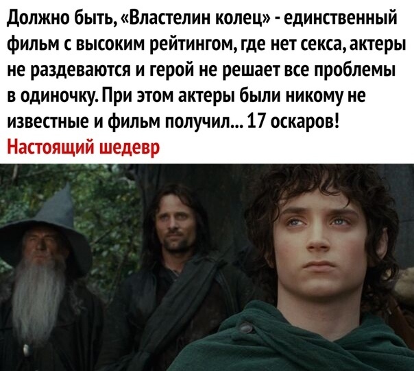 должно быть Властелин колец единственный фильм с высоким рейтингом где нет секса актеры не раздеваются и герой не решает все проблемы в одиночку При этом актеры были никому не известные и фильм получил 17 оскаров Настоящий шедевр