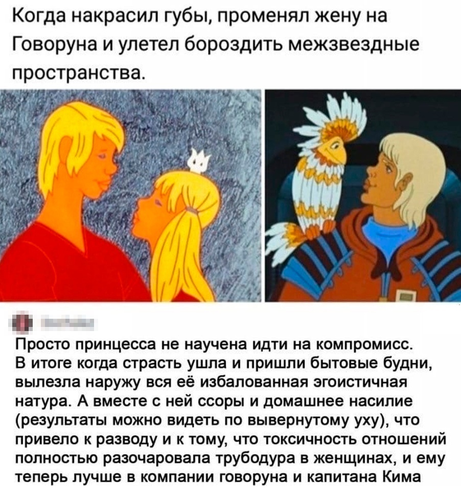 Когда накрасил губы променял жену на Г оворуна и улетел бороздить межзвездные пространства Просто принцесса не научена идти на компромисс В итоге когда страсть ушла и пришли бытовые будни вылезла наружу вся её избалованная эгоистичная натура А вместе с ней ссоры и домашнее насилие результаты можно видеть по вывернутому уху что привело к разводу и к тому что токсичность отношений полностью разочаро