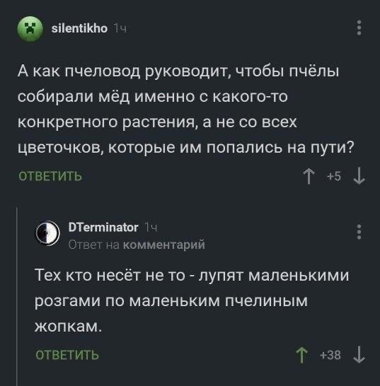 зііепшаю А как пчеловод руководит чтобы пчёлы собирали мёд именно с какого то конкретного растения а не со всех цветочков которые им попались на пути ОТВЕТИТЬ Т 5 _1 ВТегтіпаіог комментарий Тех КТО несёт не ТО ПУПЯТ МЗПеНЬКИМИ РОЗГЗМИ ПО маленьким пчелиным ЖОПКЗМ ОТВЕТИТЬ Т 38 1