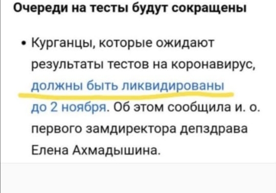 Очереди на тесты будут сокращены Курганцы которые ожидают результаты тестов на коронавирус должны быть ликвидированы до 2 ноября Об этом сообщила и о первого замдиректора депздрава Елена Ахмадышина