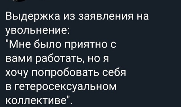 Выдержка из заявления на увольнение Мне было приятно с вами работать но я хочу попробовать себя в гетеросексуальном коллективе
