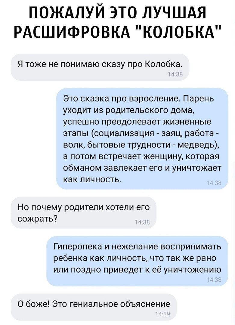 ПОЖАЛУЙ ЭТО ЛУЧШАЯ РАСШИФРОВКА КОЛОБКА Я тоже не понимаю сказу про Колобка Это сказка про взросление Парень уходит из родительского дома успешно преодолевает жизненные этапы социализация заяц работа волк бытовые трудности медведь а потом встречает женщину которая обманом завлекает его и уничтожает как личность Но почему родители хотели его сожрать Гиперопека и нежелание воспринимать ребенка как ли