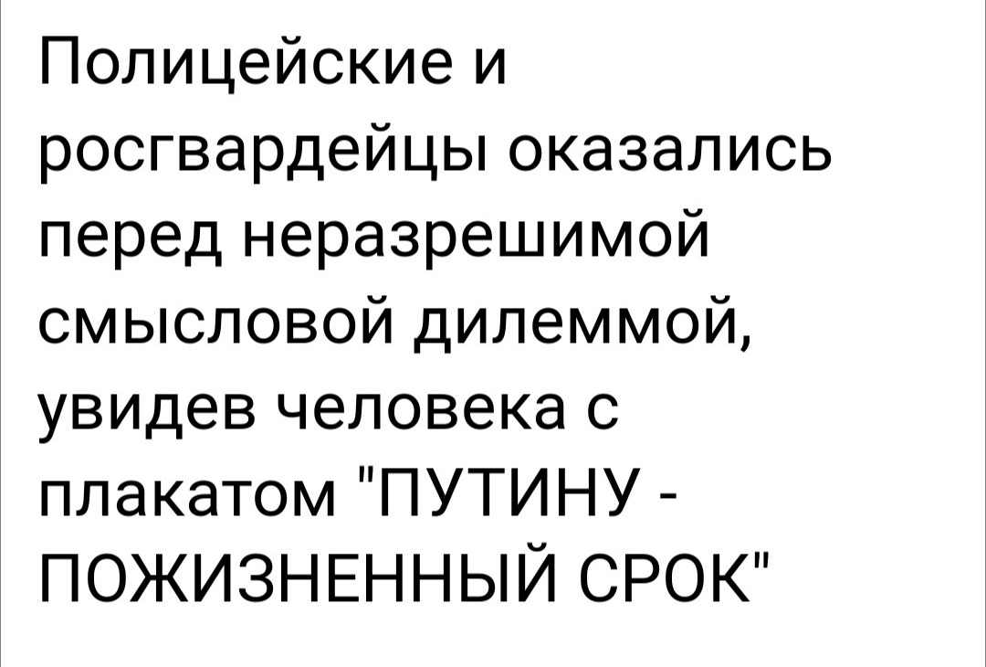 Полицейские и росгвардейцы оказались перед неразрешимой смысловой дилеммой увидев человека с плакатом ПУТИНУ ПОЖИЗНЕННЫЙ СРОК