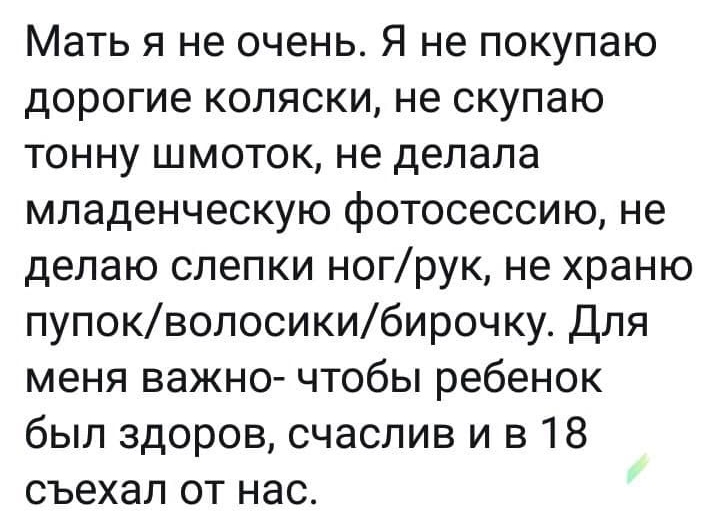 Мать я не очень Я не покупаю дорогие коляски не скупаю тонну шмоток не делала младенческую фотосессию не делаю слепки ногрук не храню пупокволосикибирочку Для меня важно чтобы ребенок был здоров счаслив и в 18 съехал от нас