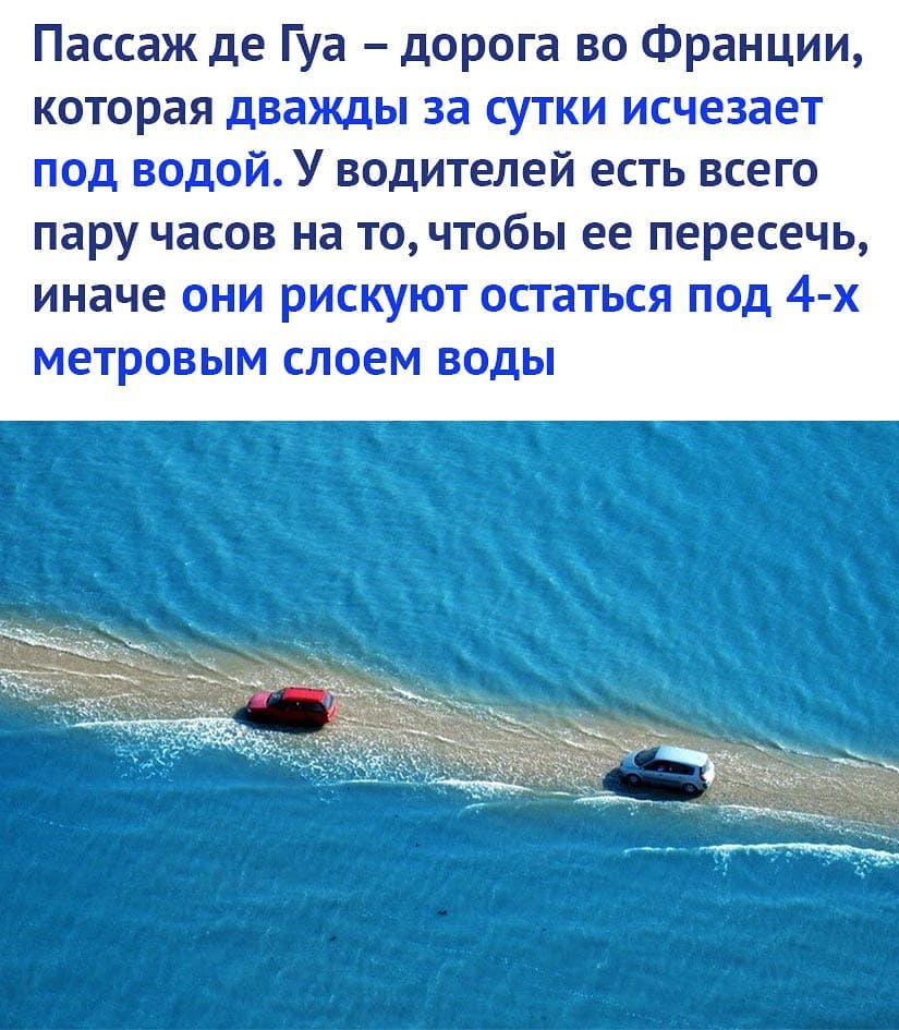Пассаж де Гуа дорога во Франции которая дважды за сутки исчезает под водойУ водителей есть всего пару часов на то чтобы ее пересечь иначе они рискуют остаться под 4 х метровым слоем воды