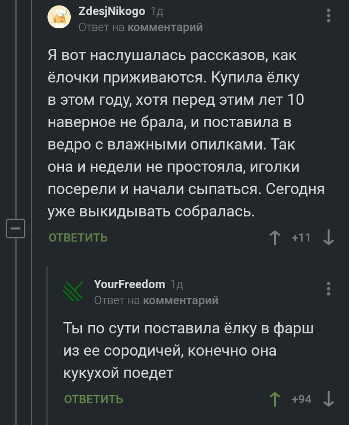 Шезімііюуо Ш Стзст на комментарий Я вот наслушалась рассказов как ёлочки приживаются Купила ёлку в этом году хотя перед этим леТ 10 наверное не брала и поставила в ведро с влажными опилками Так она и недели не простояла иголки посерели и начали сыпаться Сегодня уже выкидывать собралась ОТВЕТИТЬ Т 11 1 УоигРгеесіот Ответ на комментарий Ты по сути поставила ёлку в фарш из ее сородичей конечно она ку
