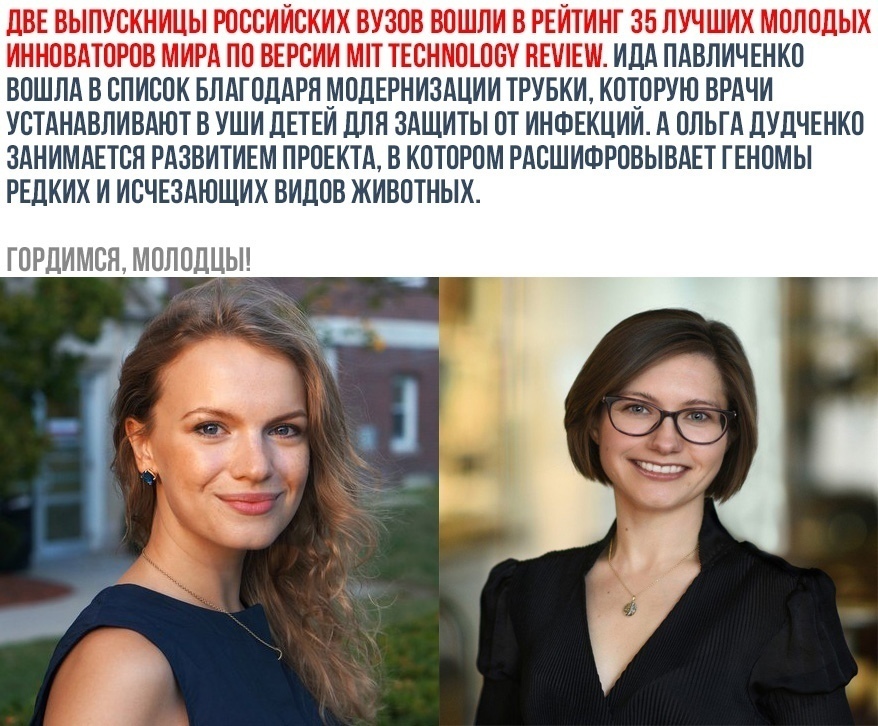 ДВЕ ВЫПУСКНИЦЫ РОССИЙСКИХ ВУЗОВ ВОШЛИ В РЕЙТИНГ 35 ЛУЧШИХ МОЛОДЫХ ИННОВАТОРОВ МИРА ПО ВЕРСИИ МТ ТЕСНИОЕООУ ПЕШЕШ ИДА ПАВЛИЧЕНКО ВОШЛА В СПИСОК БЛАГОДАРЯ МОДЕРНИЗАЦИИ ТРУБКИ КОТОРУЮ ВРАЧИ УСТАНАВЛИВАЮТ В УШИ ДЕТЕИ ДЛЯ ЗАЩИТЫ ОТ ИНФЕКЦИИ А ОЛЬГА ДУДЧЕНКО ЗАНИМАЕТСЯ РАЗВИТИЕМ ПРОЕКТА В КОТОРОМ РАСШИФРОВЫВАЕТ ГЕНОМЫ РЕДКИХ И ИСЧЕЗАЮЩИХ ВИДОВ ЖИВОТНЫХ ГОРДИМСЯ МОЛОДЦЫ