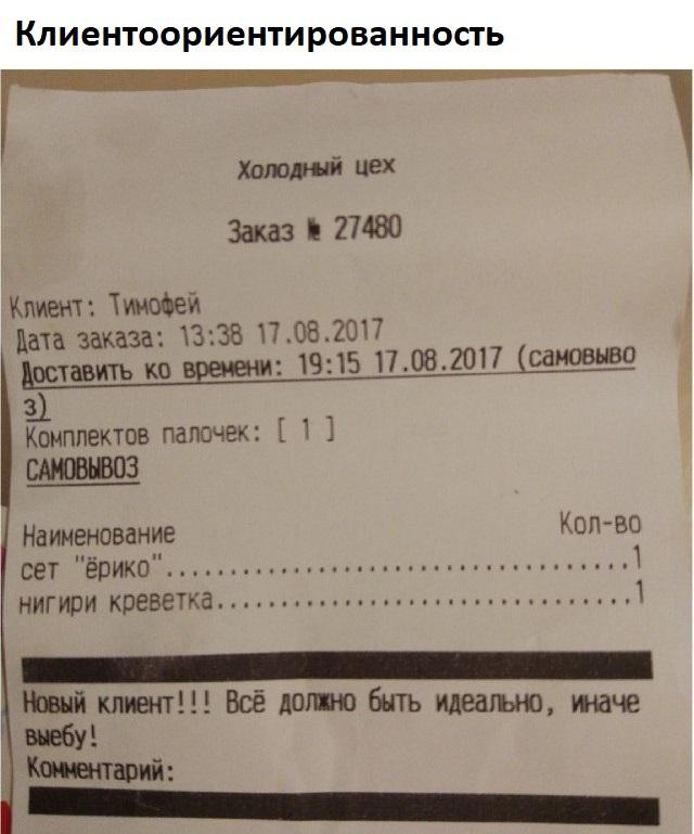 Клиентоориентированность Хитрый ЦЕХ Заказ 27480 Кмет ТииоФей ата заказа 1338 17082017 доставить ко 1915 17082017 саювыво Конплектов папочек 1 Наименование Колво сет ёрико нигпри креветка 1 _ тий клиен Всё отно А быть меашю наче _