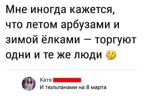Мне иногда кажется что летом арбузами и зимой ёлками торгуют одни и те же люди 6 Катя _ И тюльпанами на 8 марта