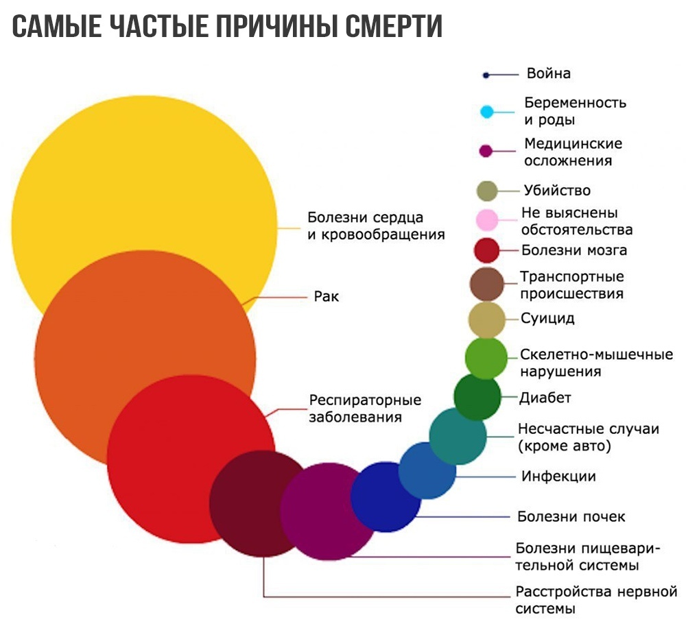 САМЫЕ ЧАСТЫЕ ПРИЧИНЫ СМЕРТИ Война Беременность и Роды Медицинские осложнения Убийство Болезни сердца Не выяснены обстоятельства и кровообращения Болезни мозга Транспортные Рак происшествия Суицид Скелетномышечные нарушения Респираторные диабет заболевания Несчастные случаи кроме авто Инфекции Болезни почек Болезни пищевари тельной системы Расстройства нервной сисгемы