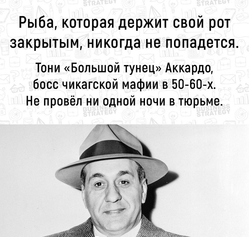 Рыба которая держит свой рот закрытым никогда не попадется Тони Большой тунец Аккардо босс чикагской мафии в 5060 х Не провёл ни одной ночи в тюрьме
