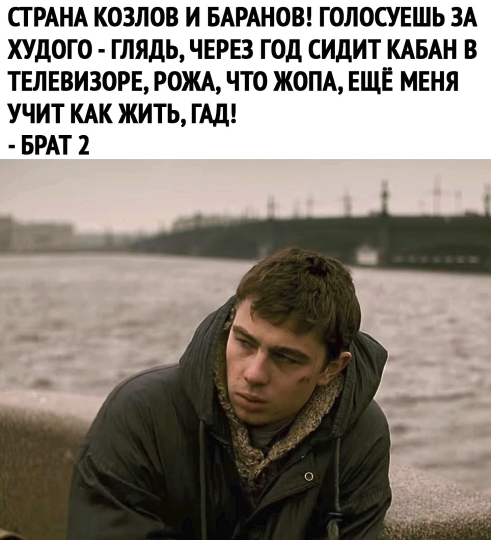СТРАНА КОЗЛОВ И БАРАНОВ ГОЛОСУЕШЬ ЗА ХУДОГО ГЛЯДЬ ЧЕРЕЗ ГОД СИДИТ КАБАН В ТЕЛЕВИЗОРЕ РОЖА ЧТО ЖОПА ЕЩЁ МЕНЯ УЧИТ КАК ЖИТЬ ГАД БРАТ 2 і