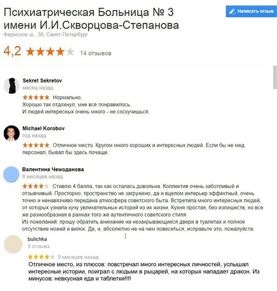 Психиатрическая Больница 3 имени И И Скворцова Степанова щ мы Зепп ванты іі нормально Хорошо так отдохнул мне все понравилось И людей интересных омень мното не соскучиться Місто Каковы пм іііі Отличное место Крутом много хороших и интересных людей Если бы не мед персонал быввп бы здесь почаще валентина чемоданов в Ставлю 4 балла так как осталась довольна Коллектив омень заботливый и отзывчивый про