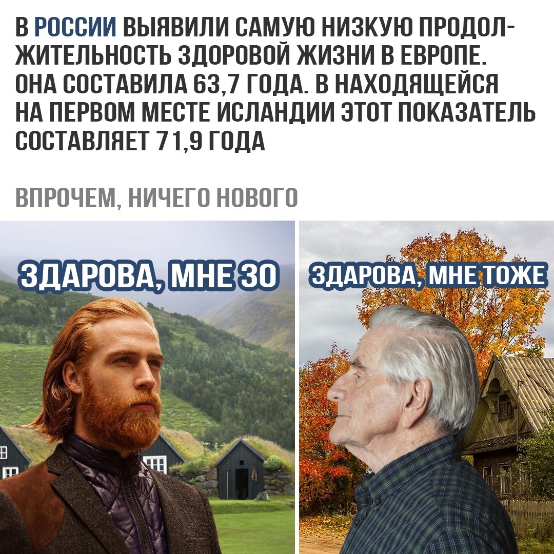 В РОССИИ ВЫЯВИЛИ САМ_УЮ НИЗКУЮ ПРОДОЛ ЖИТЕЛЬНОСТЬ ЗДОРОВОИ ЖИЗНИ В ЕВРОПЕ ОНА СОСТАВИЛА 637 ГОДА В НАХОДЯЩЕИСЯ НА ПЕРВОМ МЕСТЕ ИСЛАНДИИ ЗТОТ ПОКАЗАТЕЛЬ СОСТАВЛЯЕТ 719 ГОДА ВПРОЧЕМ НИЧЕГО НОВОГО