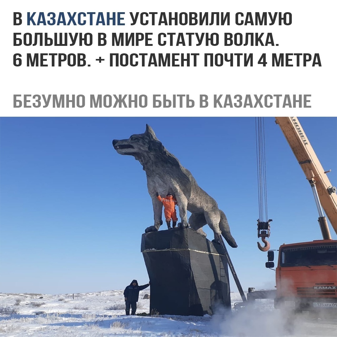 В КАЗАХСТАНЕ УСТАНОВИЛИ САМУЮ БОЛЬШУЮ В МИРЕ СТАТУЮ ВОЛКА 6 МЕТРПВ ППСТАМЕНТ ПОЧТИ 4 МЕТРА БЕЗУМНО МОЖНО БЫТЬ В КАЗАХСТАНЕ