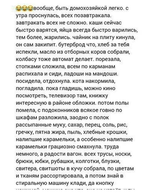 вообще быть домохозяйкой легко с утра проснулась всех позавтракала завтракать всех не сложно каши сейчас быстро варятся яйца всегда быстро варились тем более жарились чайник на плиту кинула он сам закипит бутерброд что хлеб за тебя испекли масло из отборных коров собрали колбасу тоже автомат делает порезана стопками сложила всем по карманам распихала и сиди ладоши на мандоши посидела отдохнула кот