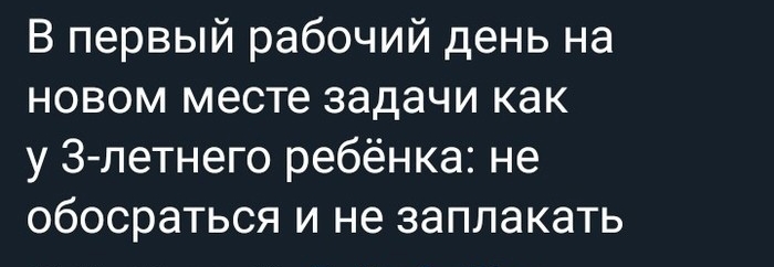 В первый рабочий день на новом месте задачи как у З летнего ребёнка не обосраться и не заплакать