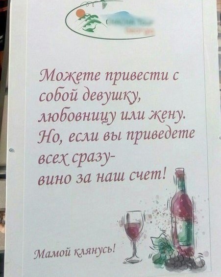Можете привести с собой девушку любовницу или жену Но если вы приведете всех сразу вино за наш счет _ д Дт мамойклянусь