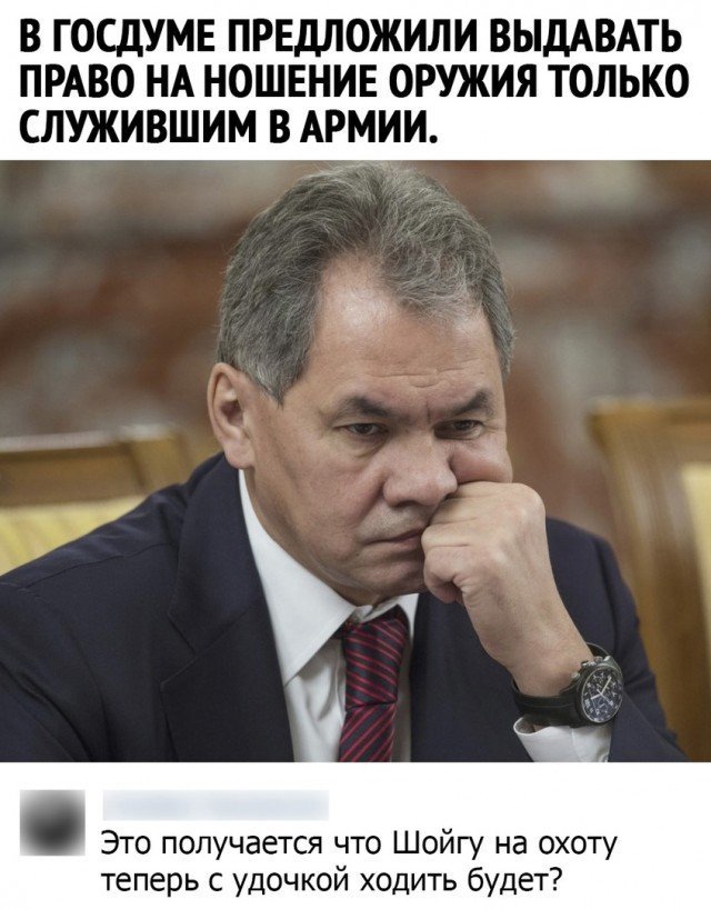 В ГОСДУМЕ ПРЕДЛОЖИЛИ ВЫДАВАТЬ ПРАВО НА НОШЕНИЕ ОРУЖИЯ ТОЛЬКО СЛУЖИВШИМ В АРМИИ Это получается что Шойгу на охоту теперь с удочкой ходить будет