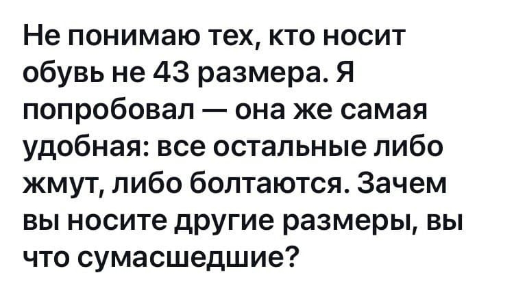 Не понимаю тех кто носит обувь не 43 размера Я попробовал она же самая удобная все остальные либо жмут либо болтаются Зачем вы носите другие размеры вы что сумасшедшие
