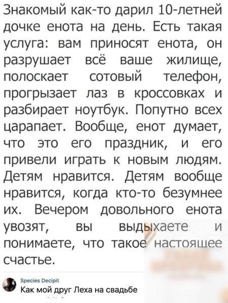 Знакомый както дарип 10 летней дочке енота на день Есть такая услуга вам приносят енота он разрушает всё ваше жилище полоскает сотовый телефон прогрызает паз в кроссовках и разбирает ноутбук Попутно всех царапает Вообще енот думает что это его праздник и его привели играть к новым людям Детям нравится Детям вообще нравится когда кто то безумнее их Вечером довольного енота увозят вы выдыхаете и пон