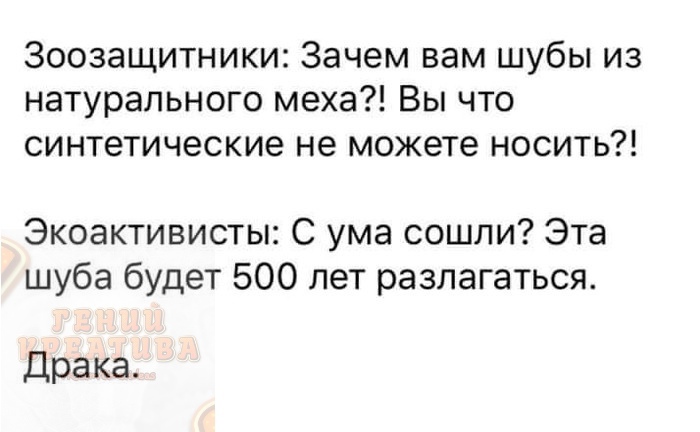Зоозащитники Зачем вам шубы из натурального меха Вы что синтетические не можете носить Экоактивисты С ума сошли Эта шуба будет 500 лет разлагаться Драка