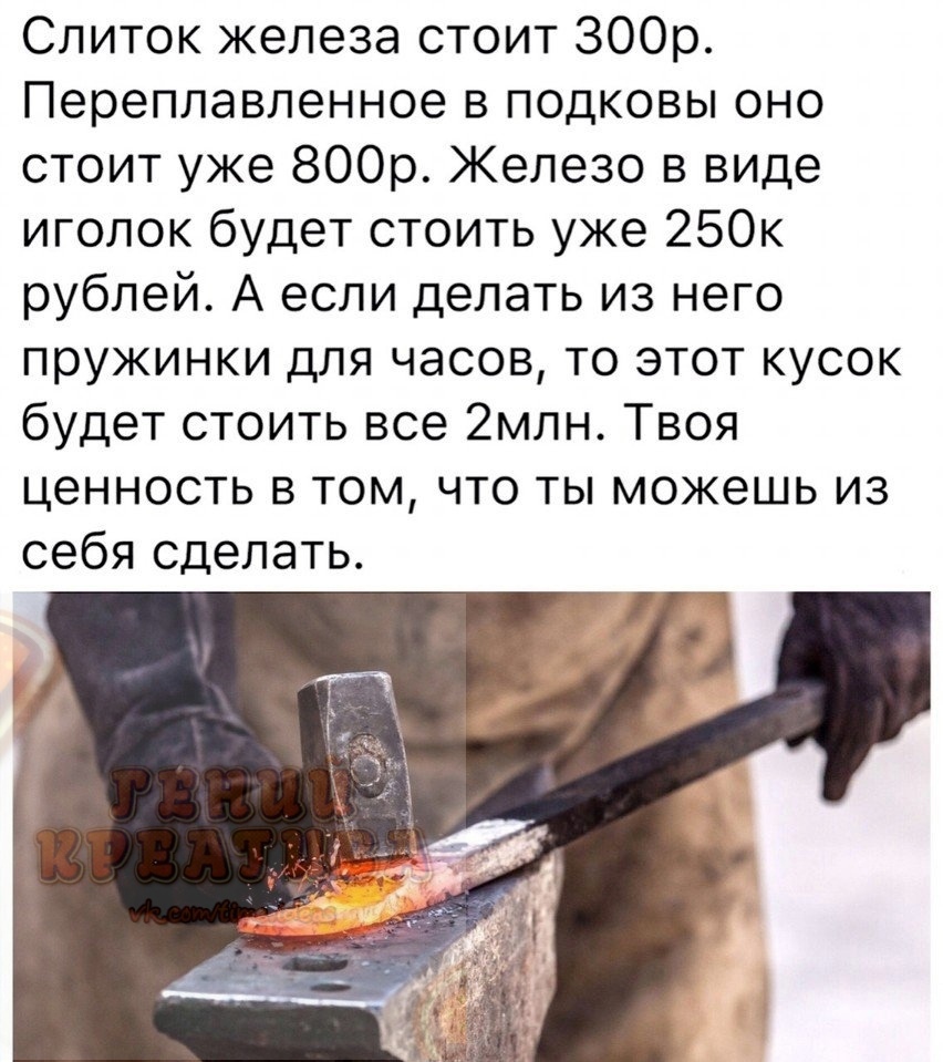 Слиток железа стоит ЗООр Переплавпенное в подковы оно стоит уже 800р Железо в виде иголок будет стоить уже 250к рублей А если делать из него пружинки для часов то этот кусок будет стоить все 2млн Твоя ценность в том что ты можешь из себя сделать