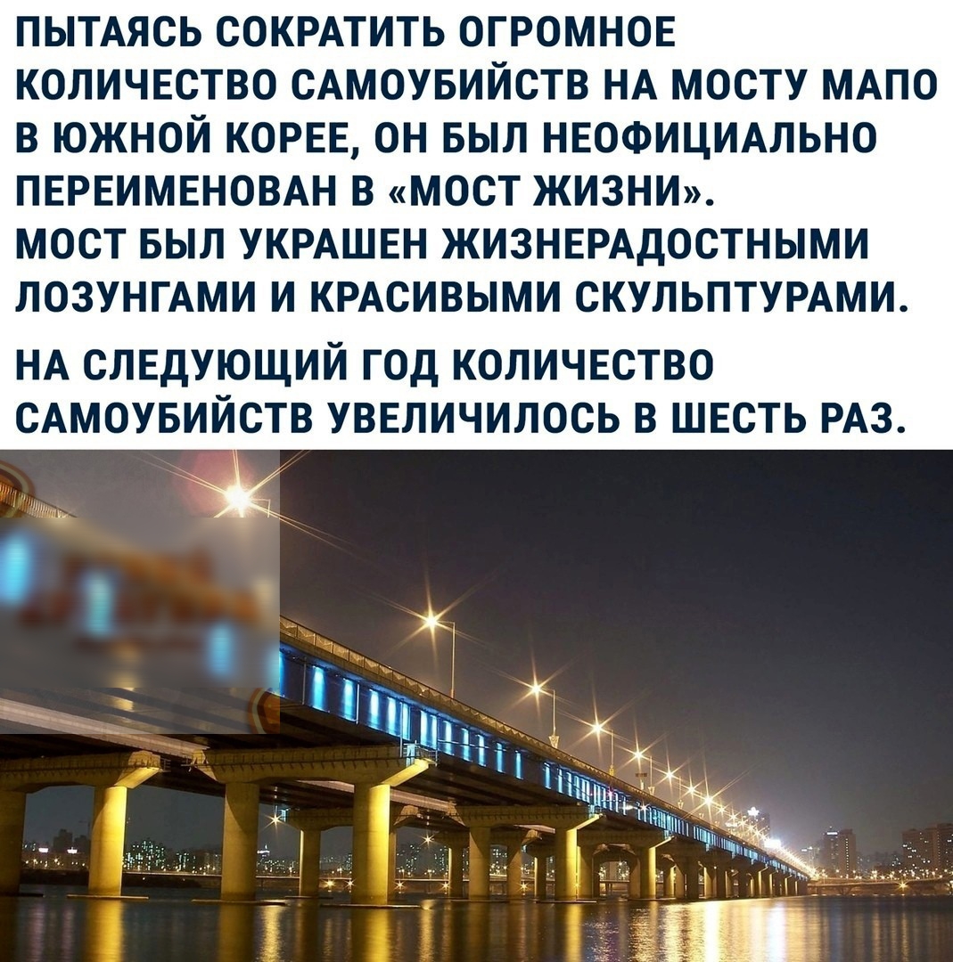 ПЫТАЯСЬ СОКРАТИТЬ ОГРОМНОЕ КОЛИЧЕСТВО САМОУБИЙСТВ НА МОСТУ МАПО В ЮЖНОЙ КОРЕЕ ОН БЫЛ НЕОФИЦИАЛЬНО ПЕРЕИМЕНОВАН В МОСТ ЖИЗНИ МОСТ БЫЛ УКРАШЕН ЖИЗНЕРАДОСТНЫМИ ЛОЗУНГАМИ И КРАСИВЫМИ СКУЛЬПТУРАМИ НА СЛЕДУЮЩИЙ ГОД КОЛИЧЕСТВО САМОУБИЙСТВ УВЕЛИЧИЛОСЬ В ШЕСТЬ РАЗ