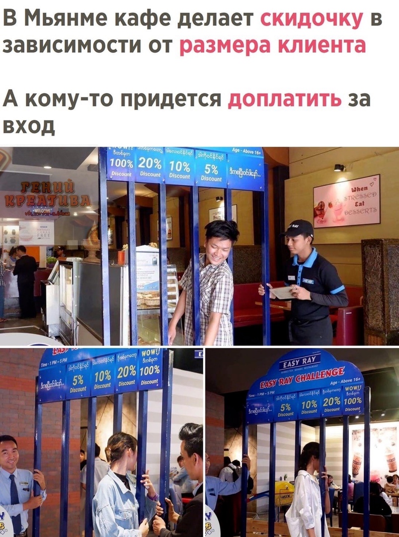 В Мьянме кафе делает скидочку в зависимости от размера клиента А КОМУ ТО придется дОПЛЗТИТЬ за ВХОД