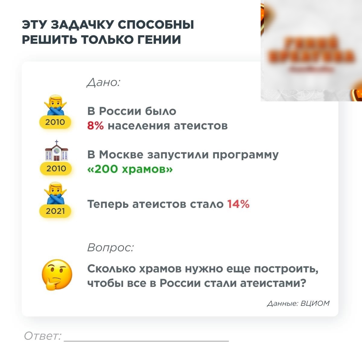 ЭТУ ЗАДАЧКУ СПОСОБНЫ РЕШИТЬ ТОАЬКО ГЕНИИ Дано В России бьию 8 насеАения атеистов В Москве запустиди программу 200 храмов цін Теперь атеистов стаю 14 Вопрос Скодько храмов нужно еще построить чтобы все в России стаи атеистами Данные ВЦИОМ О твет
