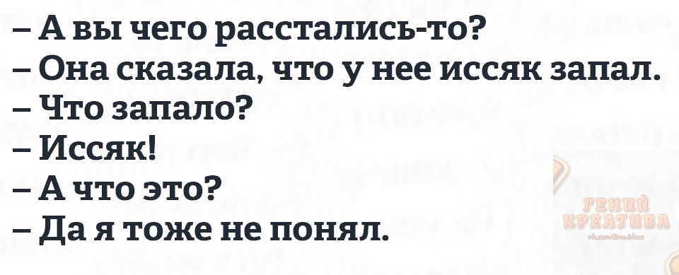 А вы чего расстались то Она сказала что у нее иссяк запал Что запала Иссяк А что это Да я тоже не понял