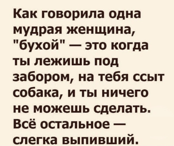 Как говорила одна мудрая женщина бухой это когда ты лежишь под забором на тебя ссыт собака и ты ничего не можешь сделать Всё остальное слегка выпивший