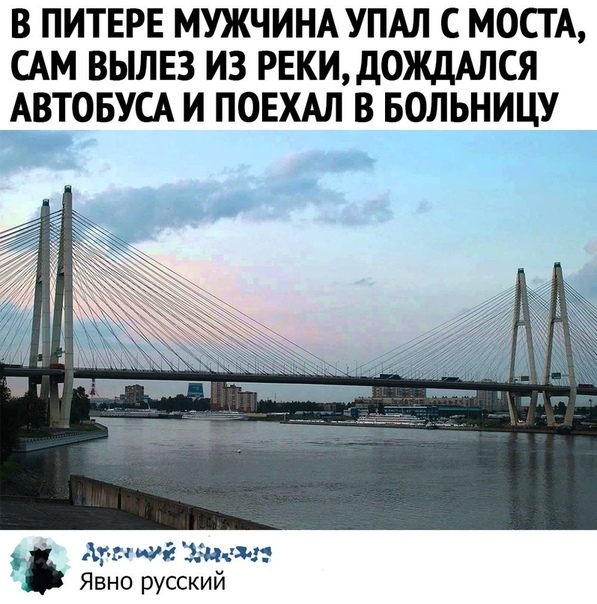 В ПИТЕРЕ МУЖЧИНА УПАЛ С МОСТА САМ ВЫЛЕЗ ИЗ РЕКИДОЖДАЛСЯ АВТОБУСА И ПОЕХАЛ В БОЛЬНИЦУ гишгэёшмз Явно русский