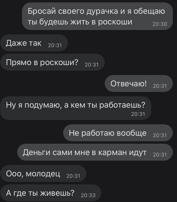 Бросай своего дурачка и я обещаю ты будешь жить в роскоши 2030 Дажетак 2031 Прямо в роскоши 2031 Отвечаю 2031 Ну я подумаю а кем ты работаешь 2031 Не работаю вообще Деньги сами мне в карман идут 2031 000 молоцец 2031 А где ты живешь 2033