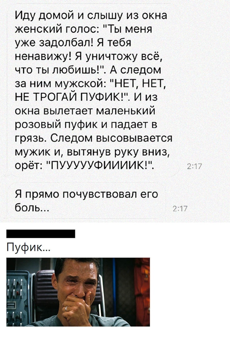 Иду домой и слышу из окна женский голос Ты меня уже задолбал Я тебя ненавижу Я уничтожу всё что ты любишь А следом за ним мужской НЕТ НЕТ НЕ ТРОГАЙ ПУФИК И из окна вылетает маленький розовый пуфик и падает в грязь Следом высовывается мужик и вытянув руку вниз орёт ПУУУУУФИИИИК Я прямо почувствовал его боль _ Пуфик