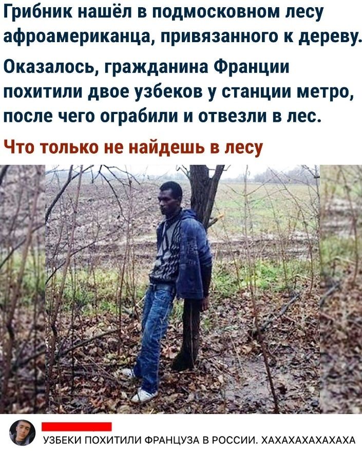Грибник нашёл в подмосковном лесу афроамериканца привязанного к дереву Оказалось гражданина Франции похитили двое узбеков у станции метро после чего ограбили и отвезли в лес Что только не найдешь в лесу _ УЗБЕКИ ПОХИТИЛИ ФРАНЦУЗА В РОССИИ ХАХАХАХАХАХАХА