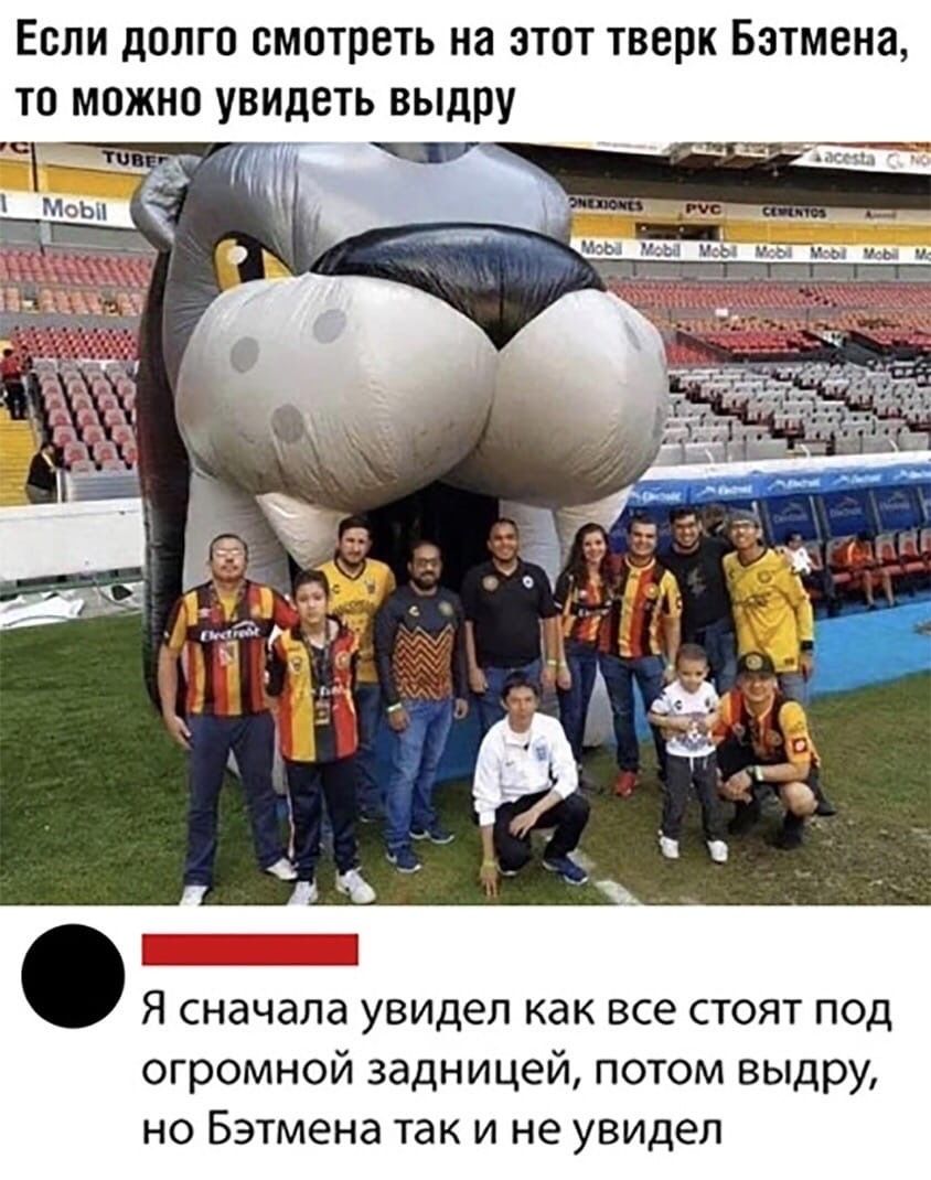 Если долго смотреть на этот тверк Бэтмена то можно увидеть выдру Я сначала увидел как все стоят под огромной задницей потом выдру но Бэтмена так и не увидел