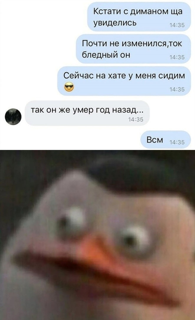 Кстати с диманом ща увиделись Почти не изменилсяток бледный он сейчас на хате У МЕНЯ СИДИМ та ОН же умер ГОД назад
