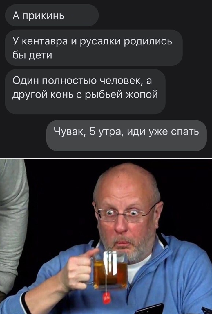 А прикинь У кентавра и русалки родились бы дети Один полностью человек а другой конь с рыбьей жопой Чувак 5 утра иди уже спать