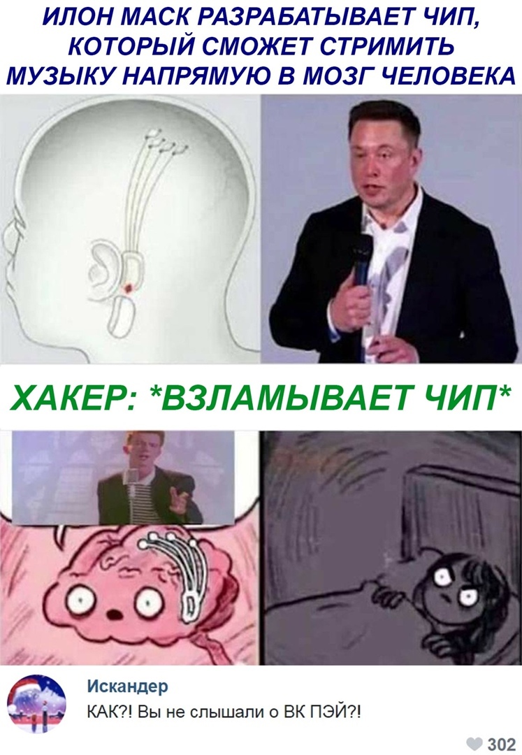 ИЛОН МАС РАЗРАБАТЫВАЕ Т ЧИП КОТОРЫИ СМОЖЕТ СТРИМИТЬ МУЗЫКУ НАПРЯМУЮ В МОЗГ ЧЕЛОВЕКА Искандер ьга КАК Вы не слышали 0 ВК ПЭЙ 302