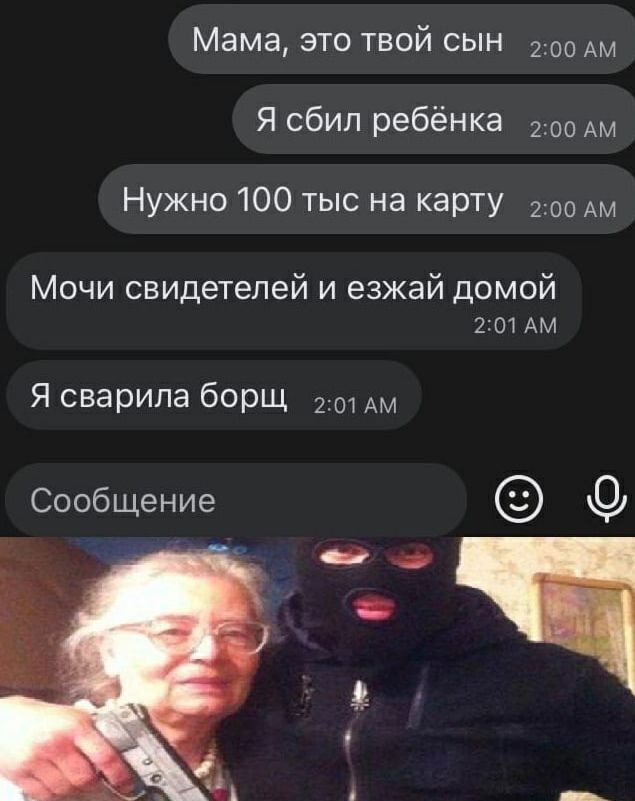 Мама это твой сын Я сбил ребёнка 200 Ам Нужно 100 тыс на карту 200 Ам Мочи свидетелей и езжай домой 201АМ Я сварила борщ 201Ам Сообщение