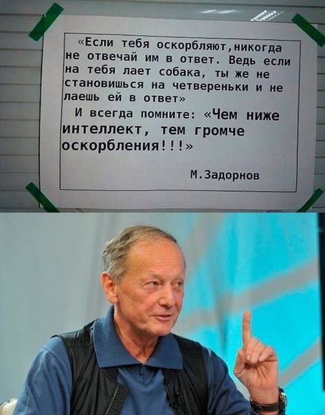 Если тебя оскорбляютиикогда не отвечай им в ответ Ведь если на тебя лает собака ты же не становишься на четвереньки и не даешь ей в ответ и всегда помните Чем ниже интеллект тем громче оскорбления МЗадориов