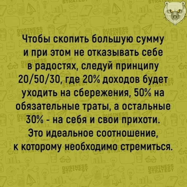 этншсч _ _ с 55 г О 555 ВЁЁЁТЕБЧ ЗтЗдтвсу Чтобы скопить большую сумму и при этом не отказывать себе зтвхбЁдостях следуій116и5нципу 205030 где 20 доХодов 193 уходИть на сбережения 50 на об тельные траты а остальные ёг30 на себя и св6и прихоти Это идеальное соотношение к которому необходимо стремиться ХНЕ55 155 су ЁЁЁАтвсу